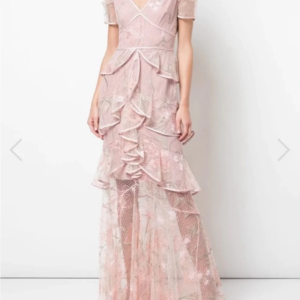 Marchesa Notte Tiered Ruffle Floral Lace Gown - Picture 2 of 6
